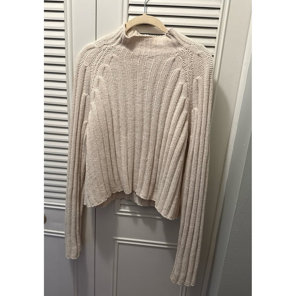 American Eagle Chenille Mock Neck Sweater Oatmeal Ribbed Knit Pullover Womens S